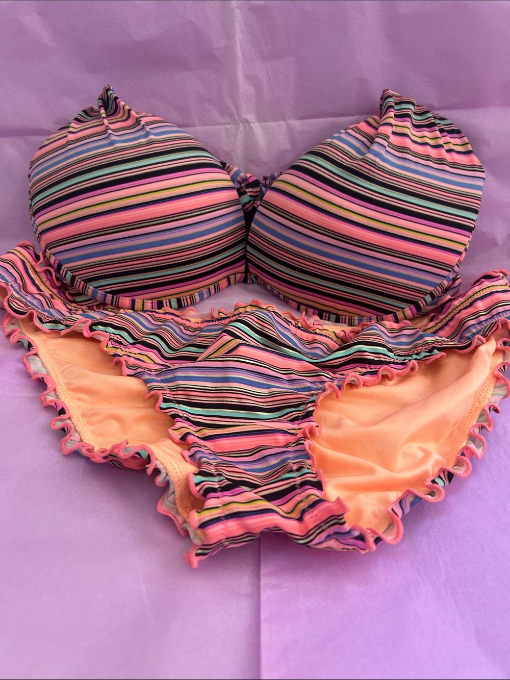 Victoria’s Secret Striped Pink Multi Bikini Set - Ruffle Trim